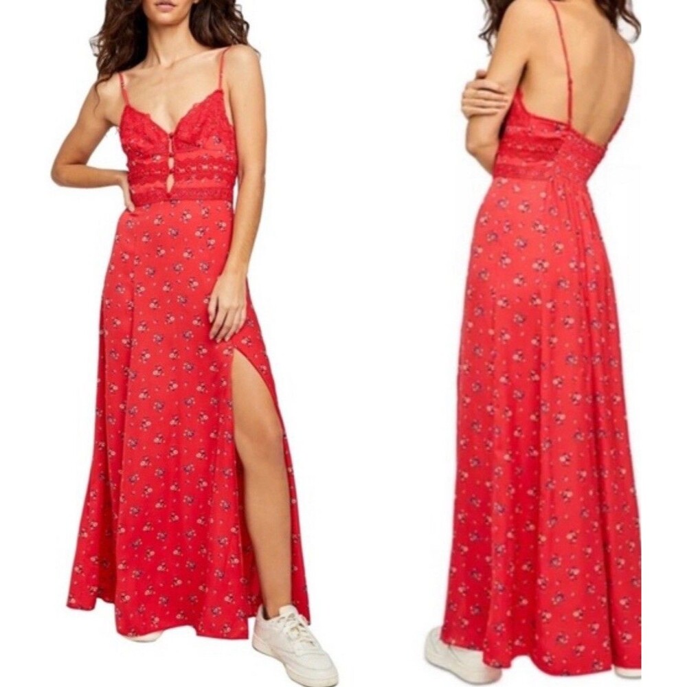 Free People Out & About V-Neck Sleeveless Lace Maxi Floral Slip Slit Dress Sz L